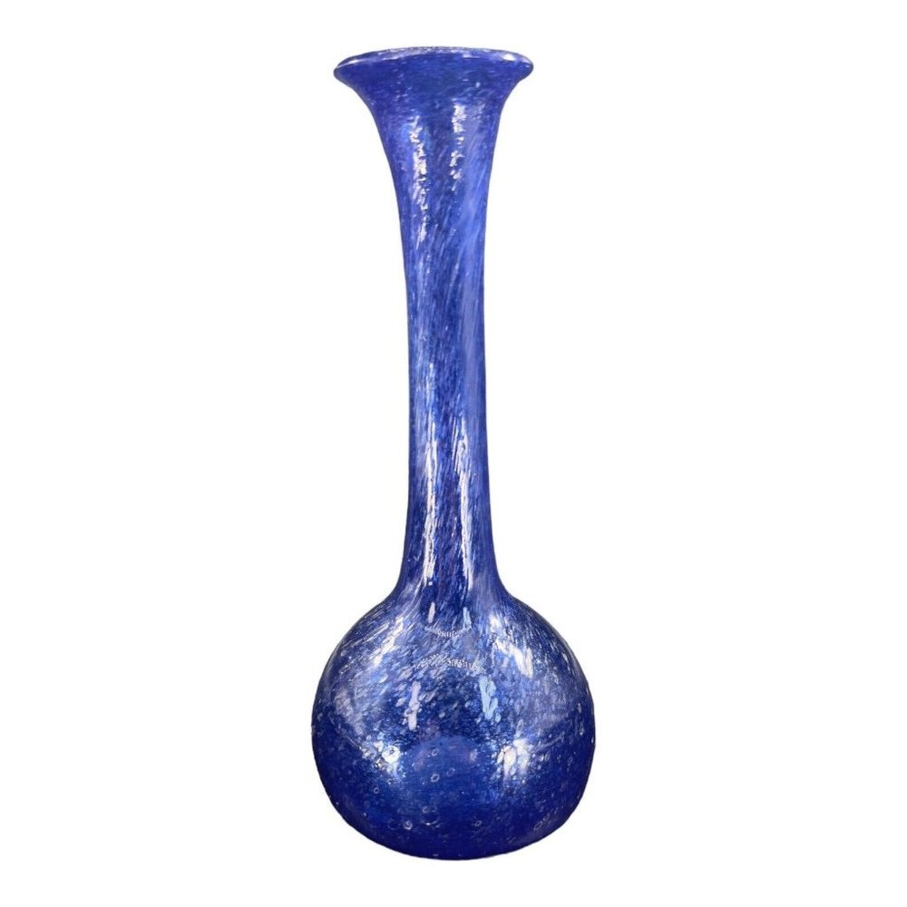1980s Egyptian Art Glass Vase Cobalt Blue Bubbles All Over Hand Blown W‎ Sticker